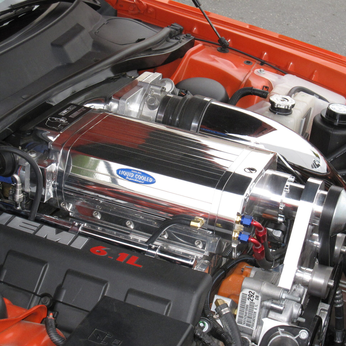 Detail of polished Kenne Bell HEMI liquid cooled blower
