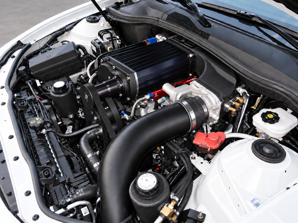 AI illustration of black Kenne Bell Mammoth style supercharger installation in a white 2010–2014 Chevrolet Camaro; actual configuration varies