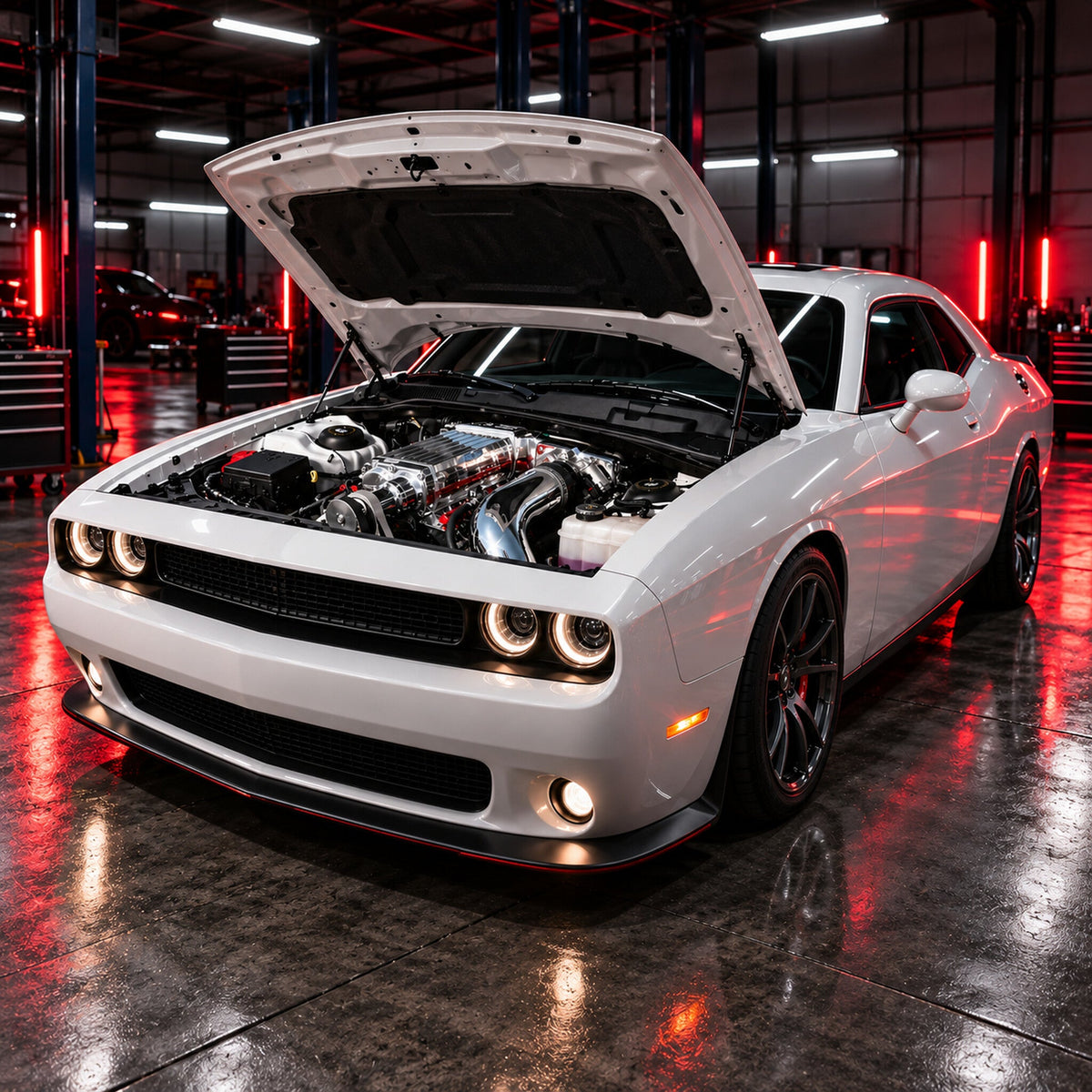 AI concept illustration of a 2011–15 Challenger with a Kenne Bell-style supercharger; representative scene