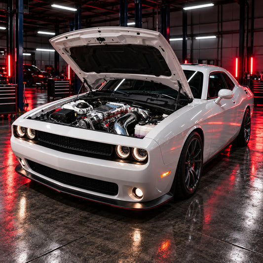 AI concept illustration of a 2011–15 Challenger with a Kenne Bell-style supercharger; representative scene