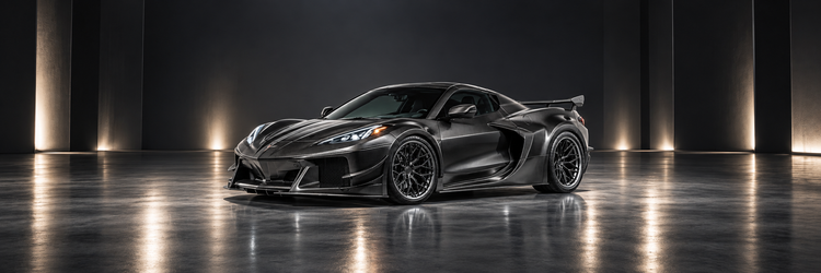 Exposed carbon C8 Stingray coupe front three-quarter in a dark performance studio