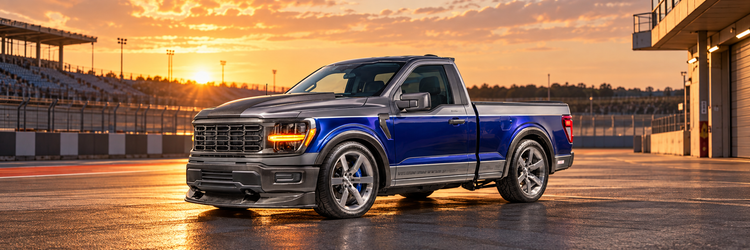 Blue and silver regular cab Ford F-150 with carbon hood and front splitter at a racetrack at sunset