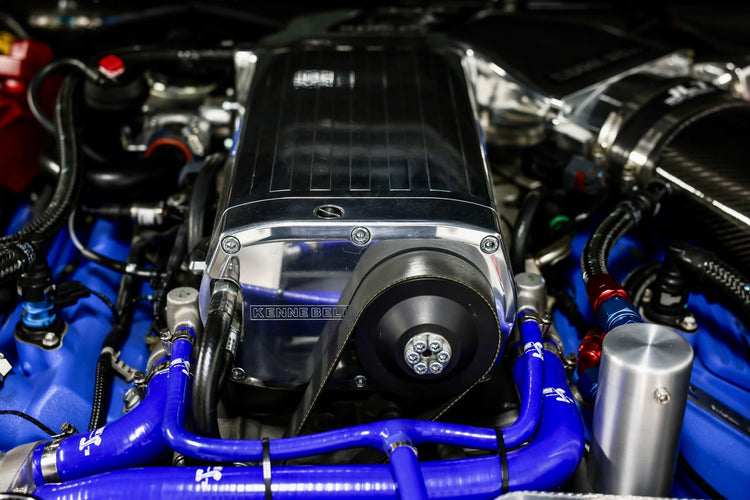 Kenne Bell supercharger installed in a Mustang engine bay