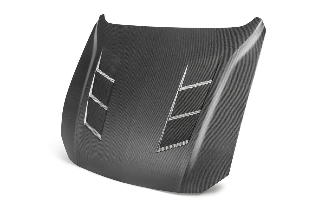 Anderson Composites Type-SA matte double-sided carbon fiber hood for 2018-2023 Ford Mustang - installed view