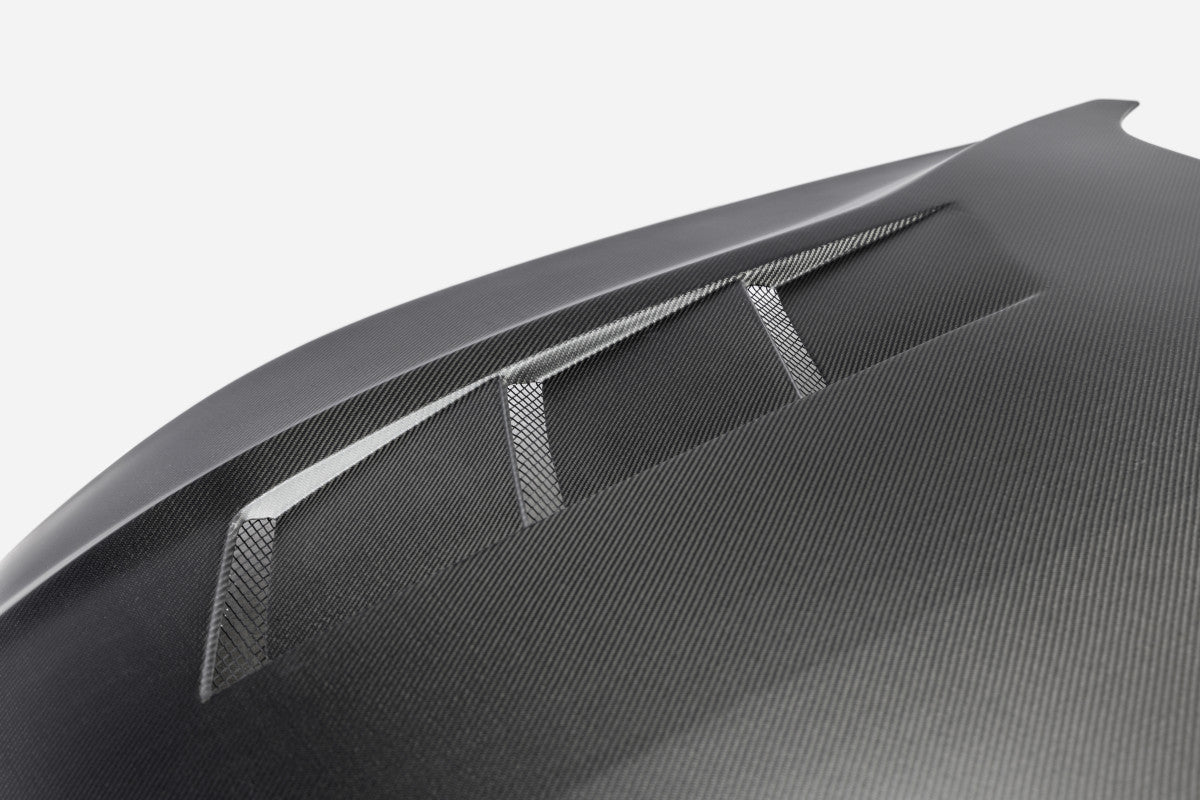 Anderson Composites Type-SA matte double-sided carbon fiber hood for 2018-2023 Ford Mustang - detail view